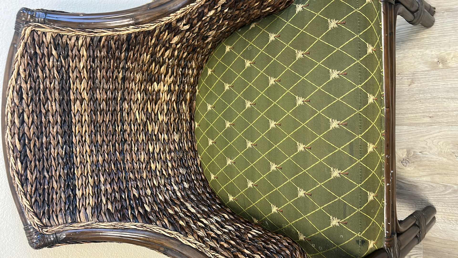 Photo 5 of RATTAN CHAIR WITH GREEN PALM TREE UPHOLSTERY 24.50 x 24.5” x H33