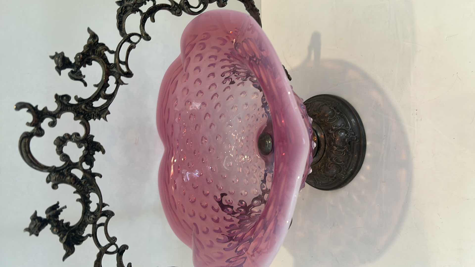 Photo 3 of ANTIQUE 1800'S TRIPLE PLATED SILVER BRIDES BASKET W/ RUFFLED PINK GLASS BOWL 12” x 13”