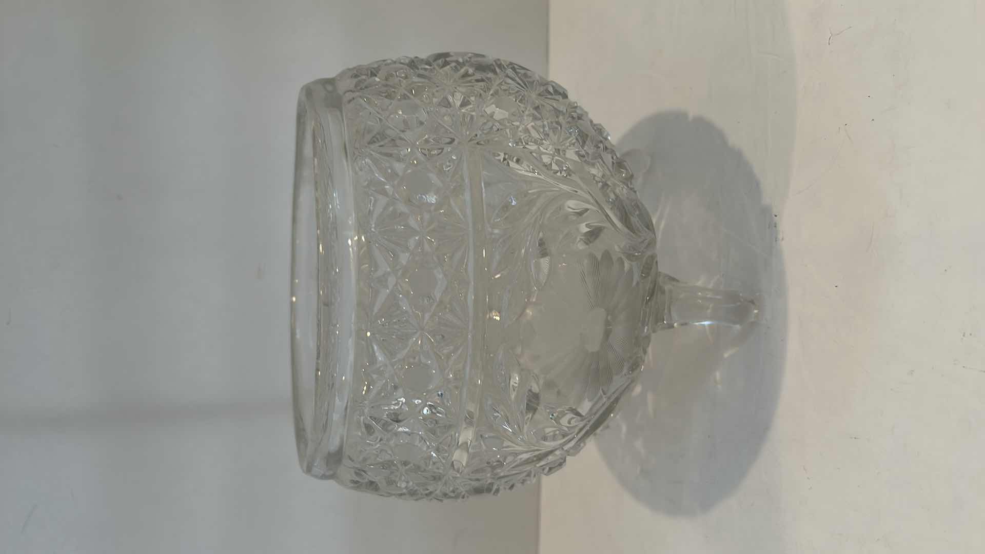 Photo 6 of CUT GLASS CRYSTAL BOWL - McKEE GLASS SNAPPY CLEAR CANE DAISY BUTTON ROSE BOWL 3 TOES 4 FLORAL ETCH PANELS9” x 7.25”