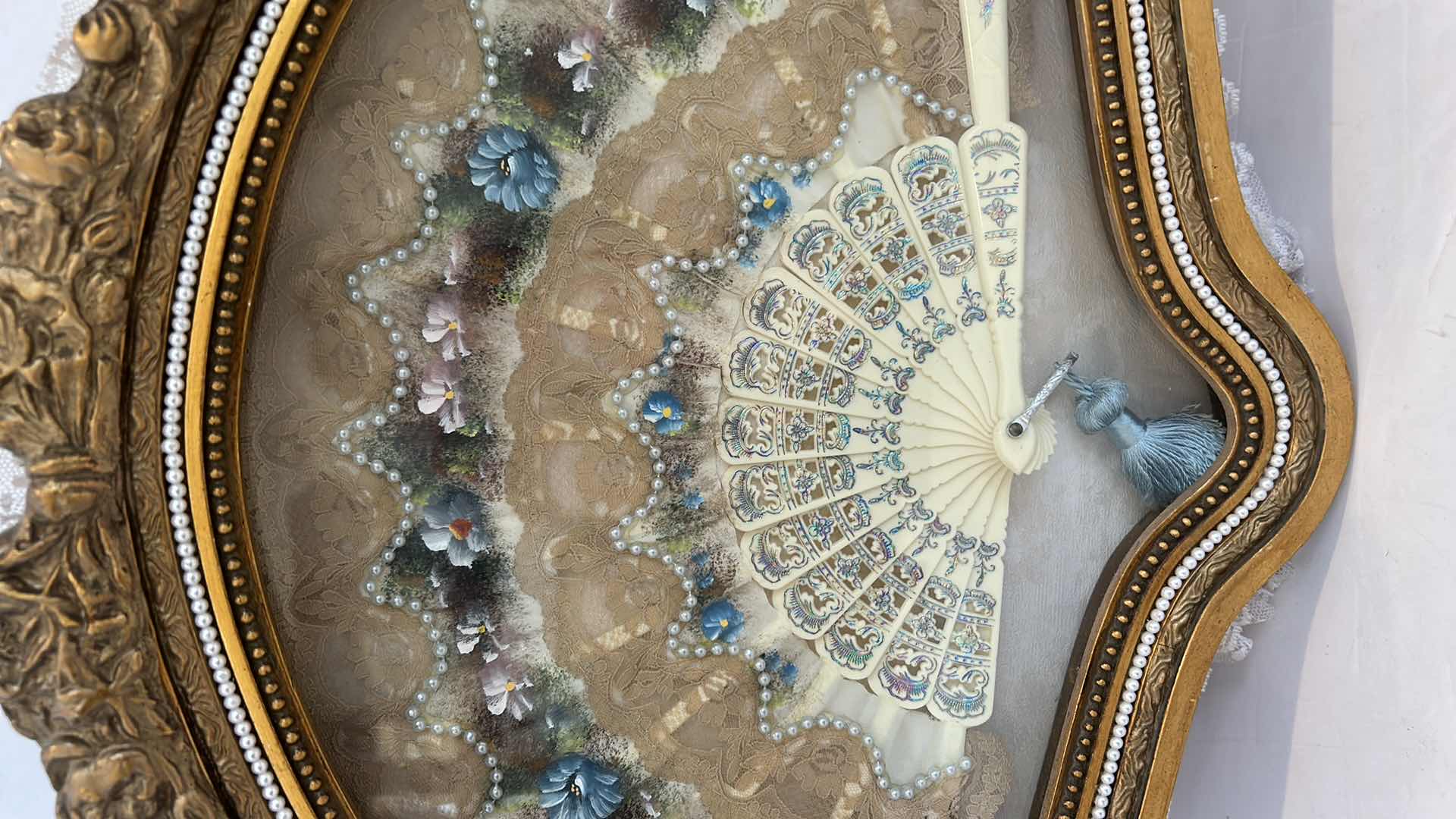 Photo 4 of ANTIQUE VICTORIAN FRENCH HAND PAINTED SILK AND CELLULOID HAND FAN SHADOW BOX 22” x 16”