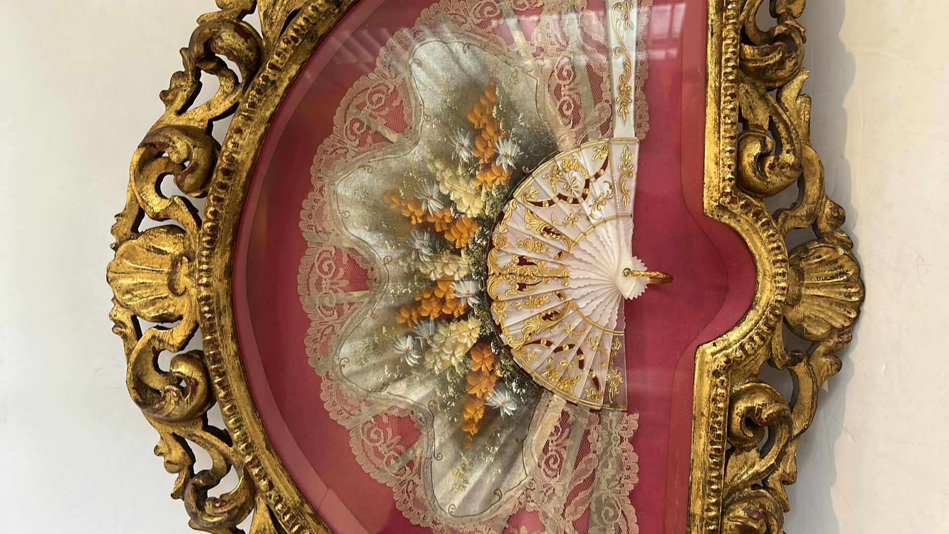 Photo 4 of ANTIQUE VICTORIAN FRENCH HAND PAINTED SILK AND CELLULOID HAND FAN SHADOW BOX 24” x 16.5”