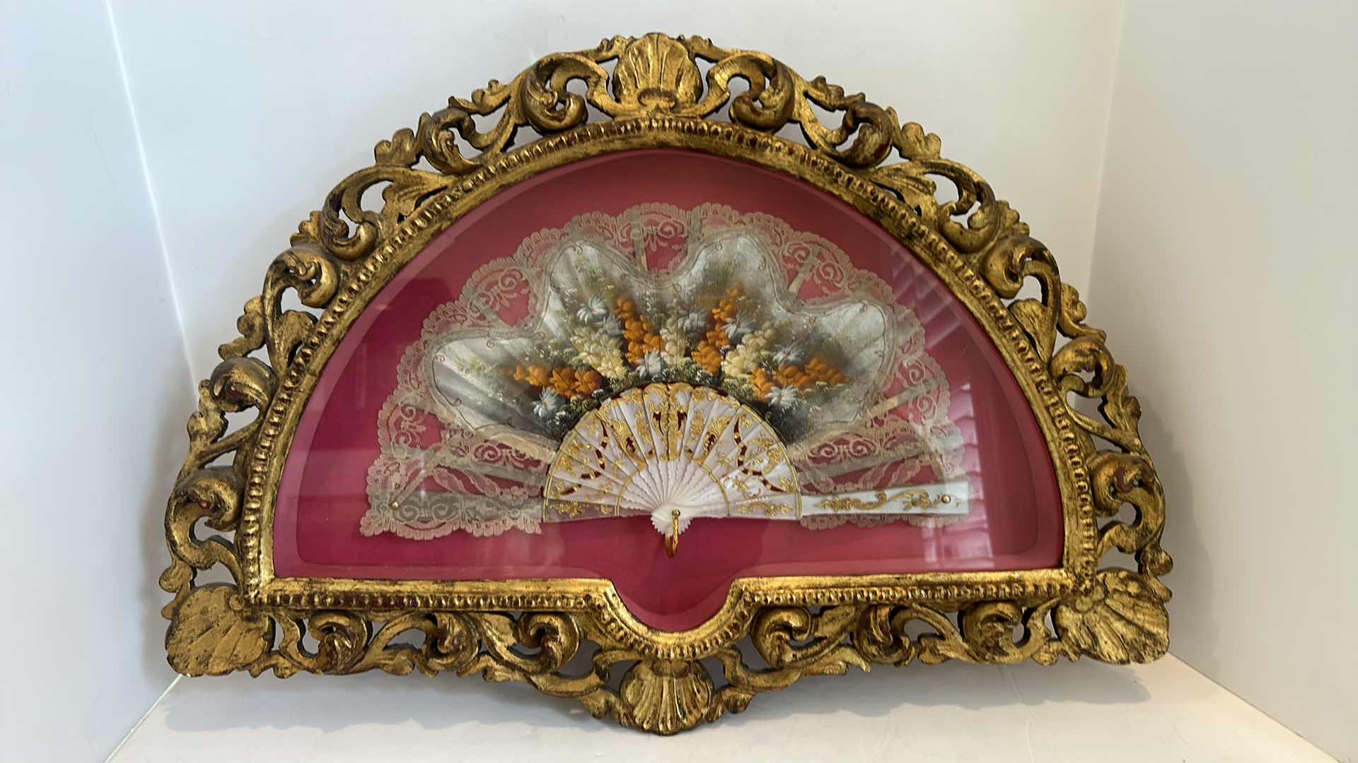 Photo 7 of ANTIQUE VICTORIAN FRENCH HAND PAINTED SILK AND CELLULOID HAND FAN SHADOW BOX 24” x 16.5”