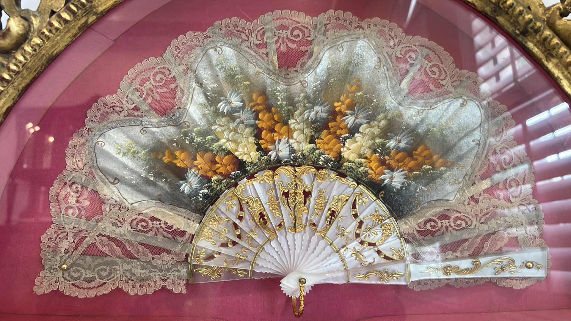 Photo 3 of ANTIQUE VICTORIAN FRENCH HAND PAINTED SILK AND CELLULOID HAND FAN SHADOW BOX 24” x 16.5”