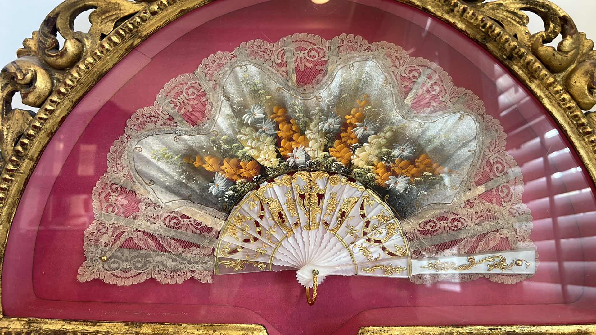 Photo 2 of ANTIQUE VICTORIAN FRENCH HAND PAINTED SILK AND CELLULOID HAND FAN SHADOW BOX 24” x 16.5”