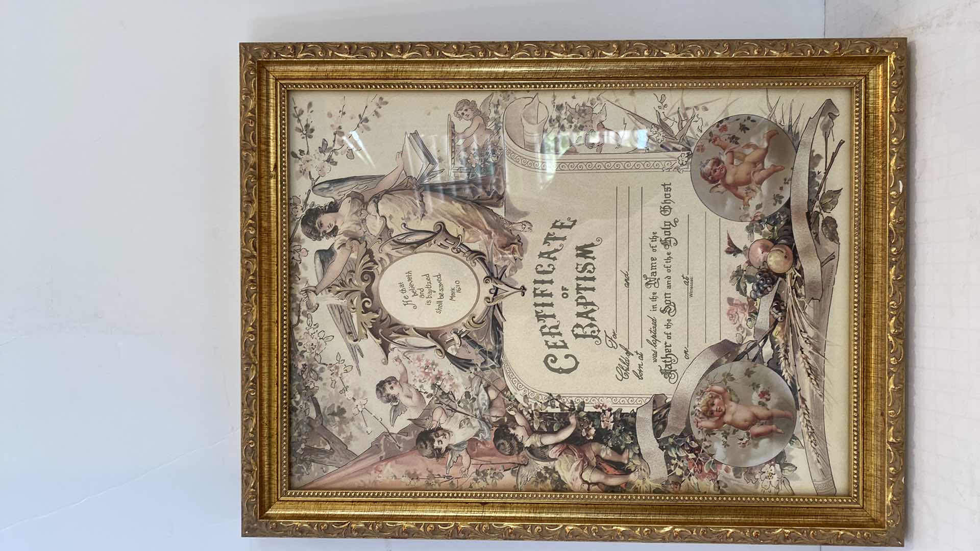 Photo 2 of 3-GOLD FRAMED VINTAGE TEA CUPS SIGNED SND BAPTISM CERTIFICATE ARTWORK 12.5” X 17”