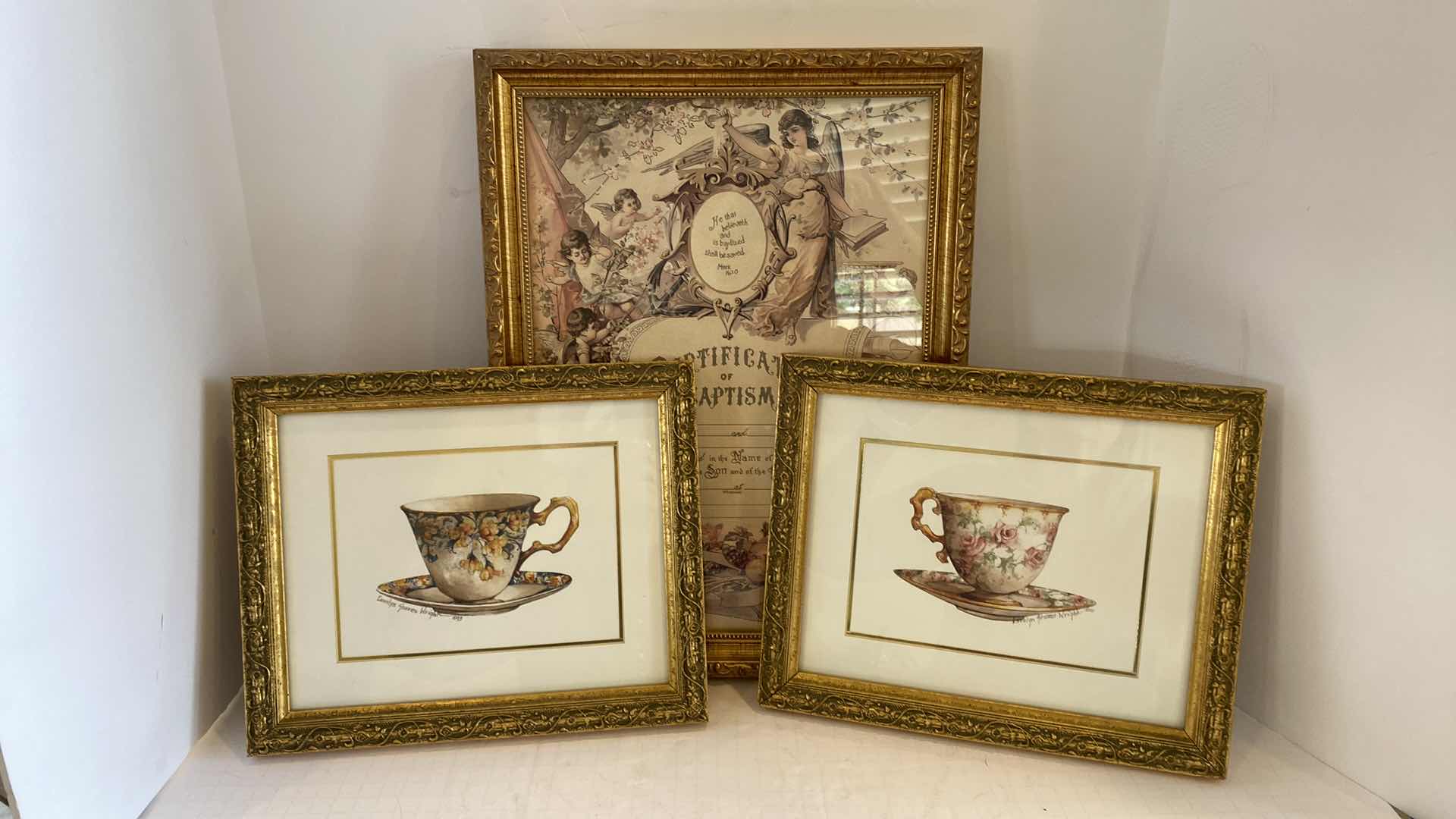 Photo 8 of 3-GOLD FRAMED VINTAGE TEA CUPS SIGNED SND BAPTISM CERTIFICATE ARTWORK 12.5” X 17”