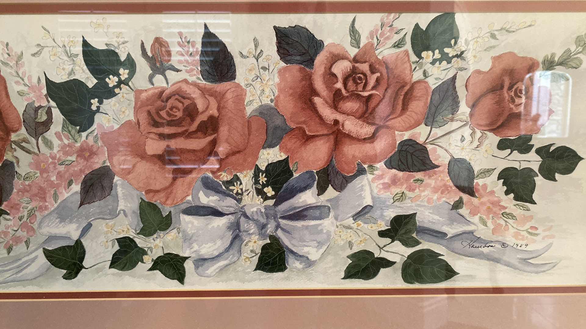 Photo 2 of WHITEWASHED WOOD FRAMED FLORAL SIGNED VINTAGE ARTWORK 31” X 18”