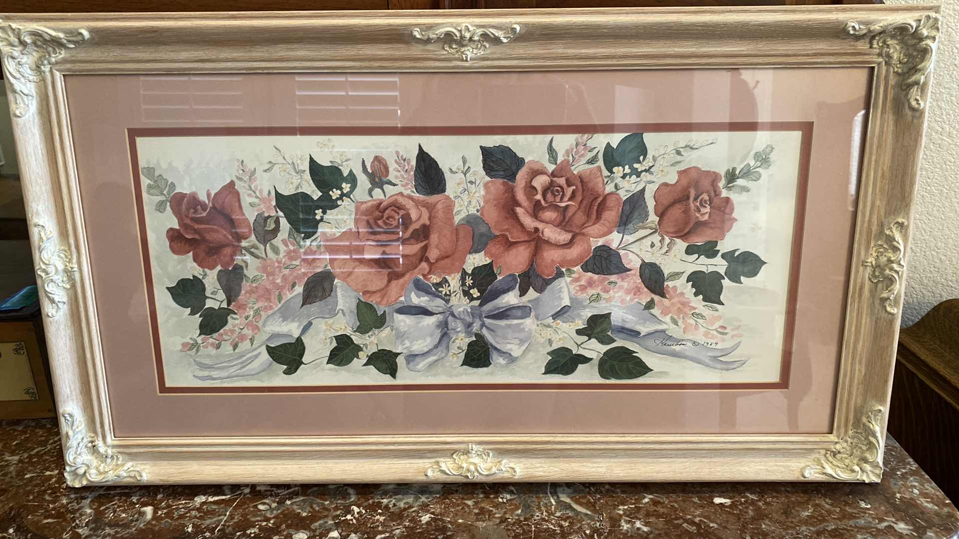 Photo 1 of WHITEWASHED WOOD FRAMED FLORAL SIGNED VINTAGE ARTWORK 31” X 18”