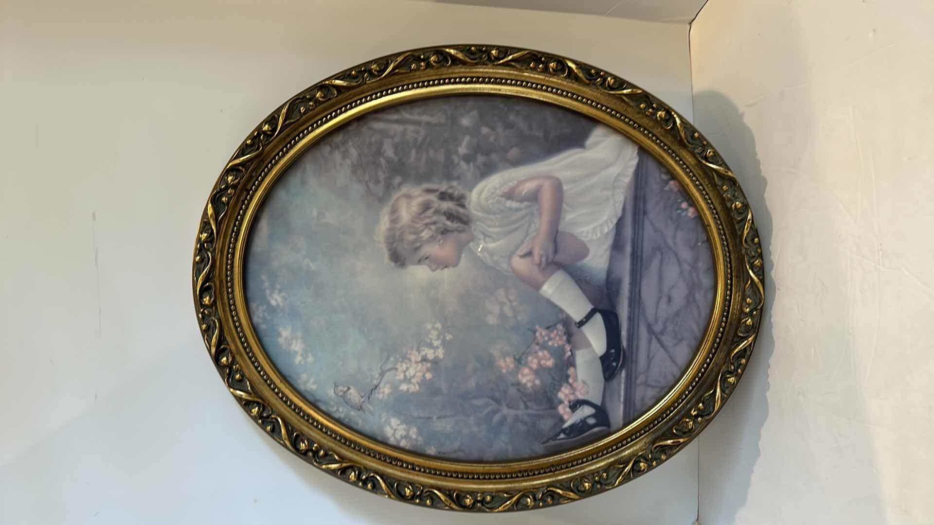 Photo 5 of ORNATE GOLD OVAL FRAMED Little Girl / Bird Morris Benmen Inc. N.Y.  Florence Lindsey 19” x 23”