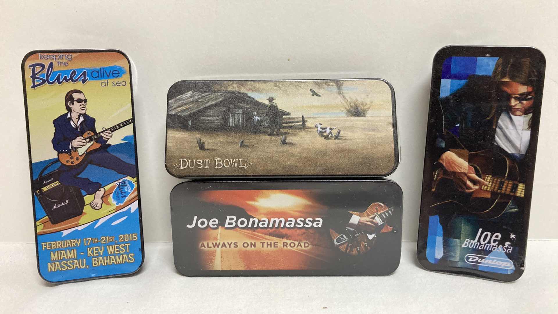 Photo 1 of NEW JOE BONAMASSA PICK TINS W PICKS (4) 1.5” X 3.5” H0.5”