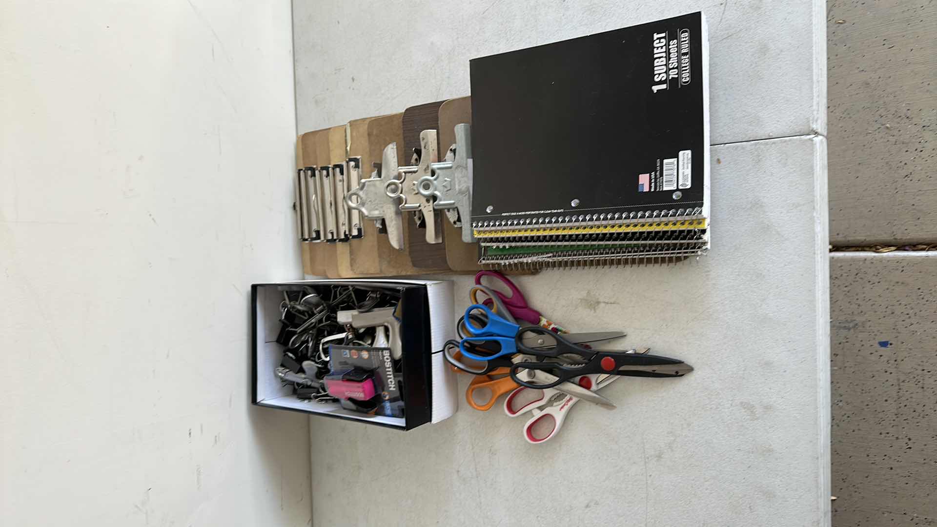 Photo 1 of BOX OF PAPER CLIPS,SCISSORS,CLIP BOARDS AND PAPER