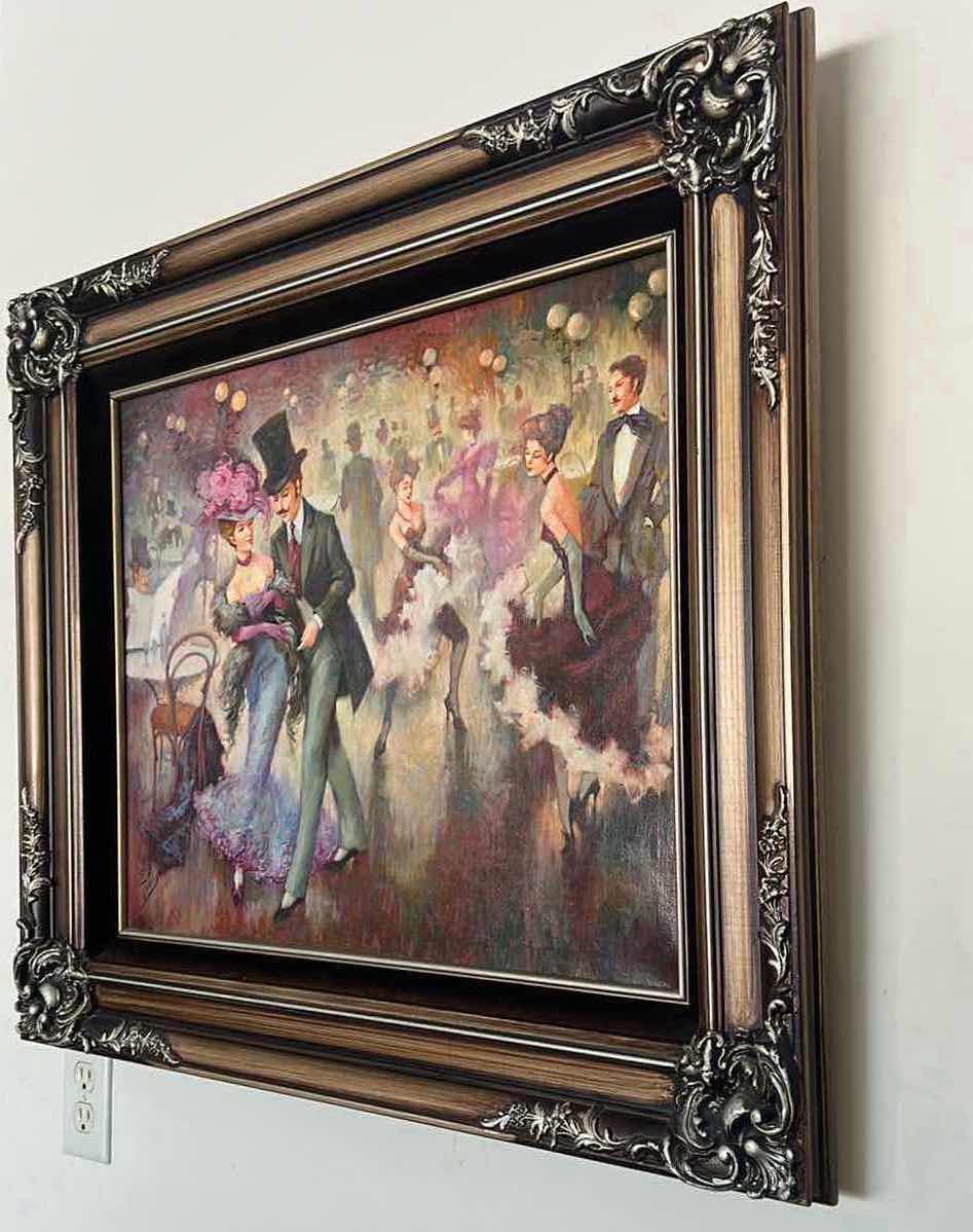 Photo 3 of ORNATE COPPER W BLACK SILVER FRAMED ARTIST "MIGUEL PAMIES" SIGNED ORIGINAL PARISIAN PARTY OIL ON CANVAS ARTWORK (UNFRAMED 20" X 24", FRAMED 32" X 27")