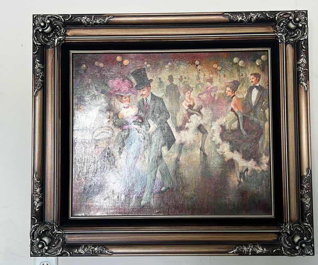 Photo 2 of ORNATE COPPER W BLACK SILVER FRAMED ARTIST "MIGUEL PAMIES" SIGNED ORIGINAL PARISIAN PARTY OIL ON CANVAS ARTWORK (UNFRAMED 20" X 24", FRAMED 32" X 27")