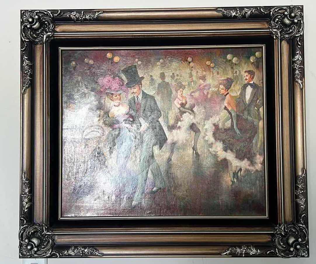 Photo 1 of ORNATE COPPER W BLACK SILVER FRAMED ARTIST "MIGUEL PAMIES" SIGNED ORIGINAL PARISIAN PARTY OIL ON CANVAS ARTWORK (UNFRAMED 20" X 24", FRAMED 32" X 27")