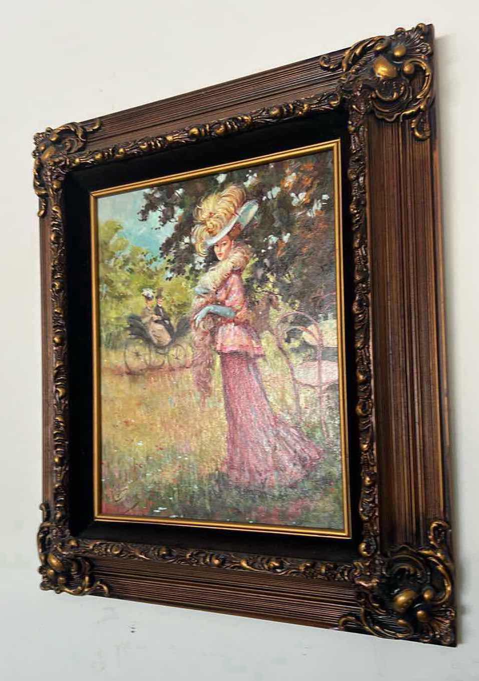 Photo 2 of ORNATE COPPER W GOLD FRAMED ARTIST "MIGUEL PAMIES" SIGNED PARISIAN LADY W BOA OIL ON CANVAS ARTWORK (UNFRAMED 13" X 16", FRAMED 20.5" X 23.5")