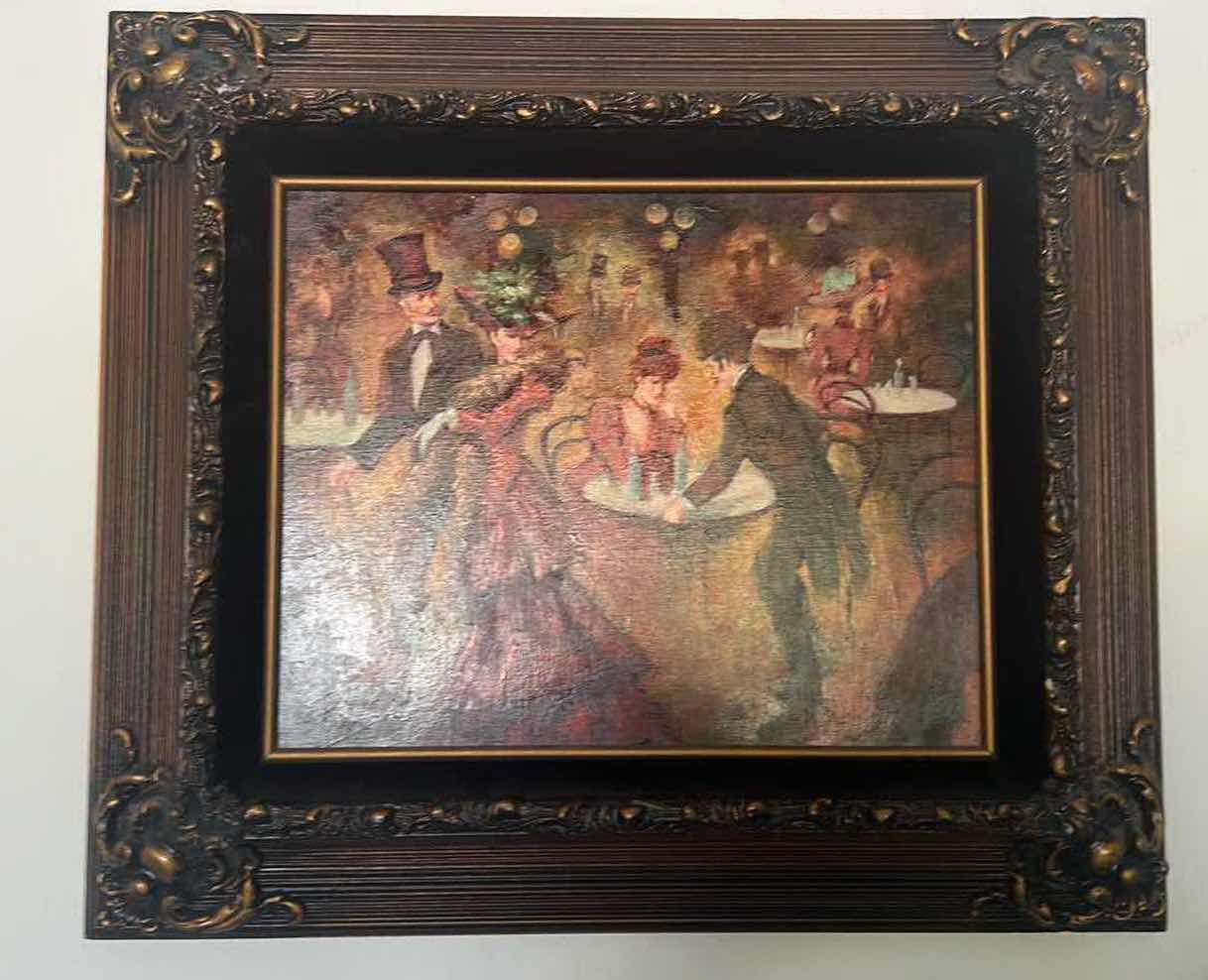 Photo 1 of ORNATE COPPER W GOLD FRAMED ARTIST "MIGUEL PAMIES" SIGNED PARISIAN EVENING OUT OIL ON CANVAS ARTWORK (UNFRAMED 13" X 16", FRAMED 24.5" X 21")