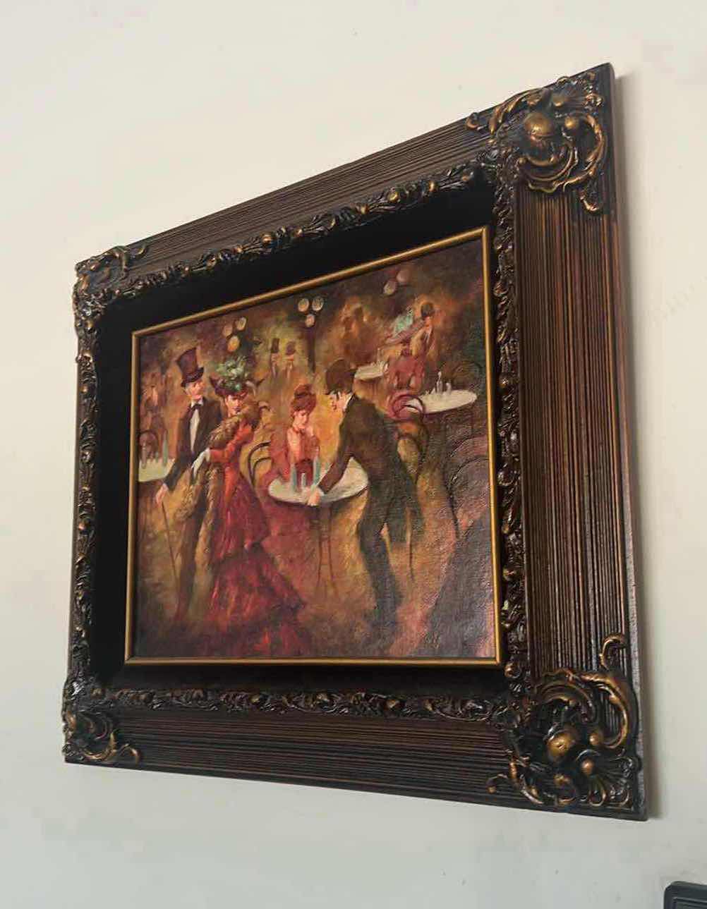 Photo 3 of ORNATE COPPER W GOLD FRAMED ARTIST "MIGUEL PAMIES" SIGNED PARISIAN EVENING OUT OIL ON CANVAS ARTWORK (UNFRAMED 13" X 16", FRAMED 24.5" X 21")