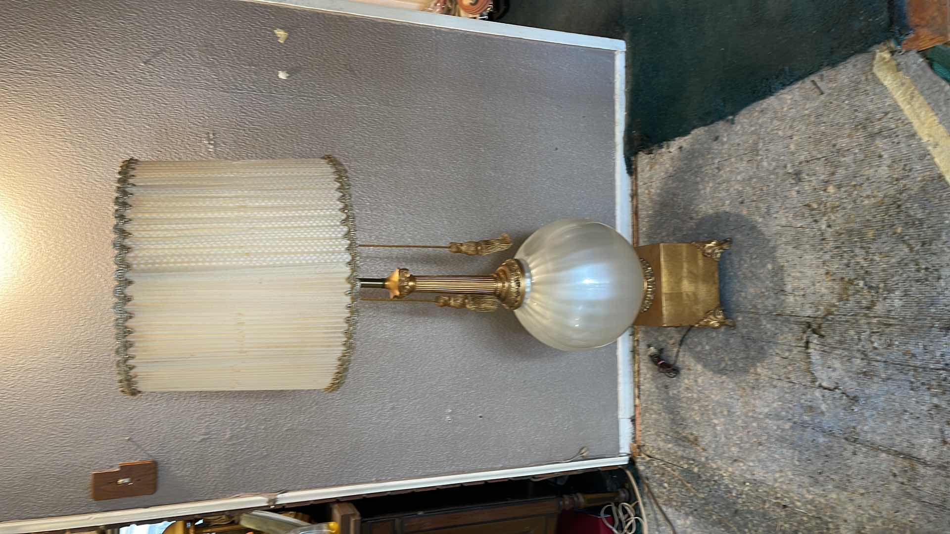 Photo 1 of VINTAGE HOLLYWOOD REGENCY MILK GLASS, BRASS TABLE LAMP WITH SHADE 57”H