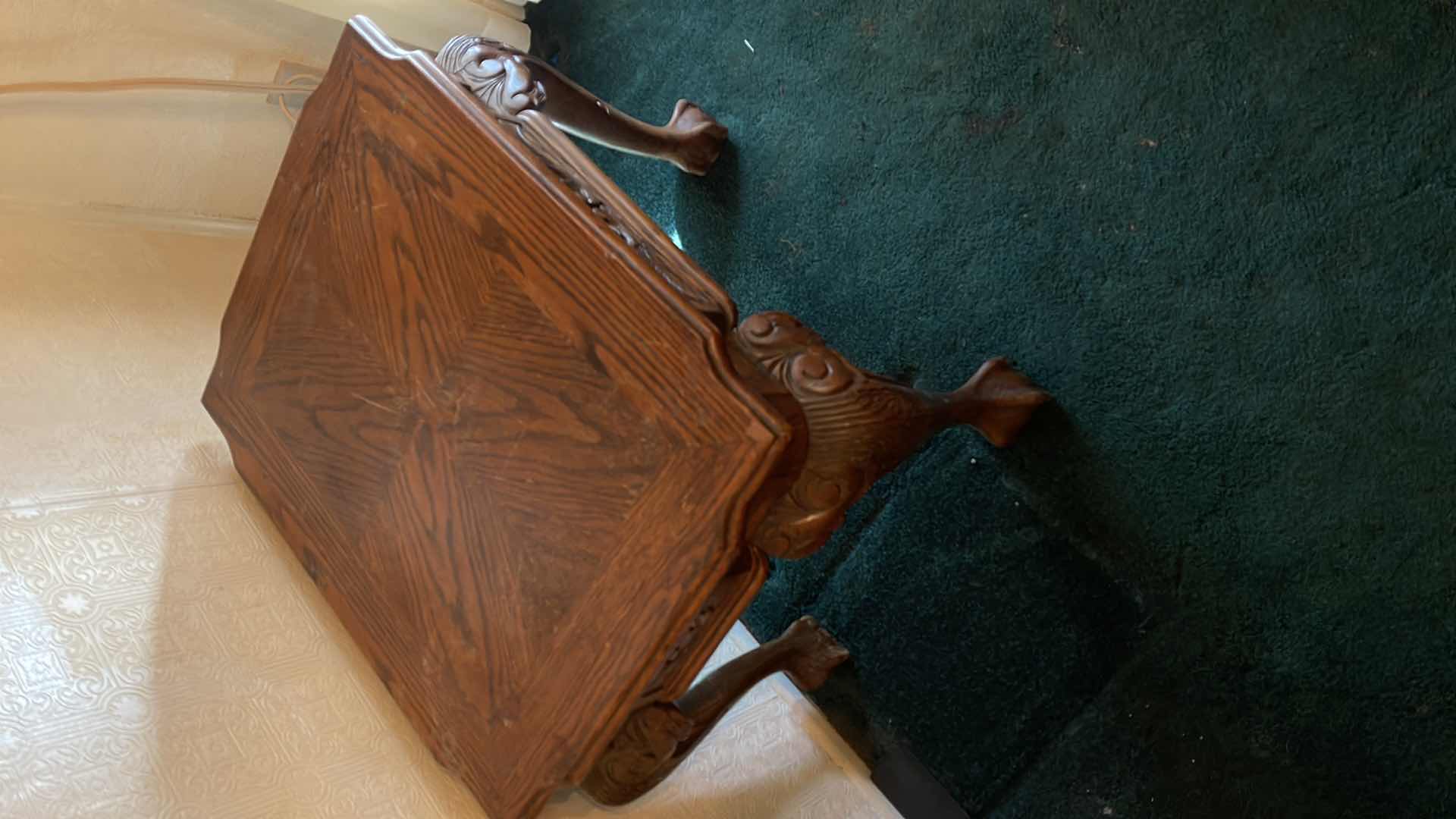 Photo 4 of VINTAGE TIGER-WOOD /OAK SIDE TABLE ORNATE WITH CLAWED FEET. 27.5”x 21”x 24”