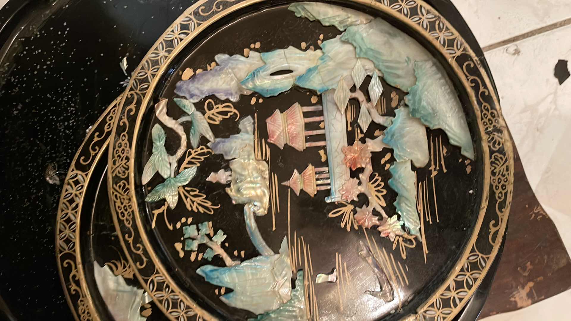 Photo 1 of VINTAGE BLACK LAQUER ON WOOD WITH MOTHER OF PEARL ASIAN WALL ART
11” ACROSS