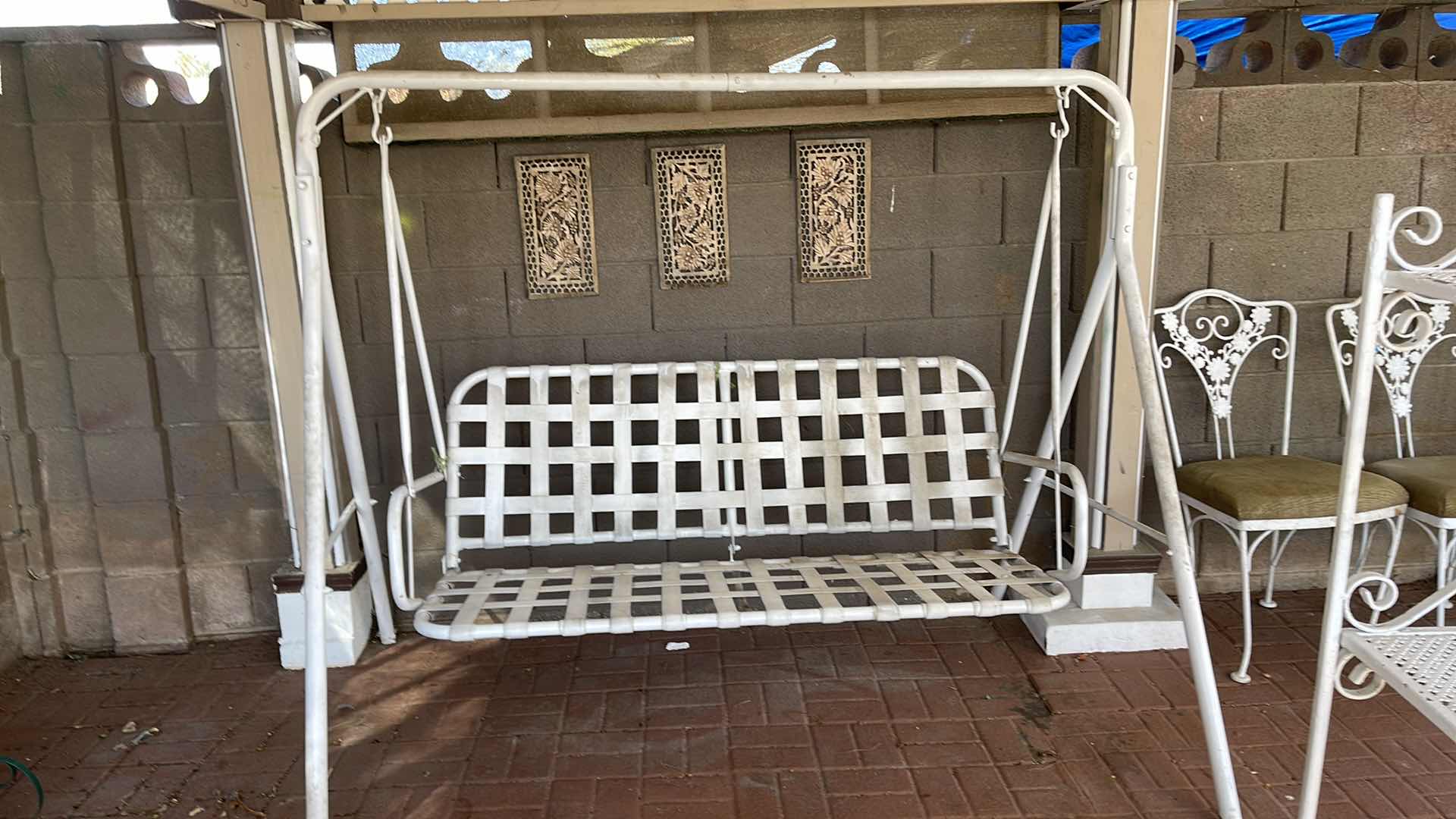 Photo 2 of METAL OUTDOOR ROCKING SWING WITH STRAPS (NOTE: NEEDS GOOD CLEANING). W-80”, D-46”, H-60”