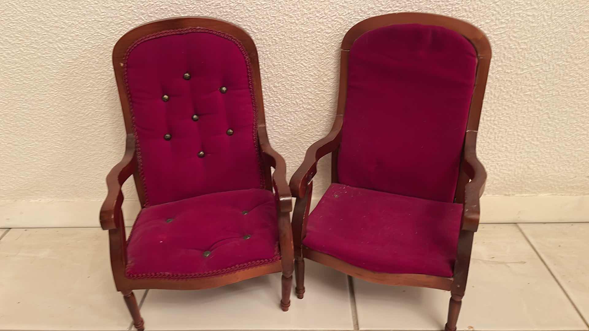 Photo 1 of VINTAGE UPHOLSTERED RED VELVET HIGH BACK DOLL CHAIRS H- 14 “