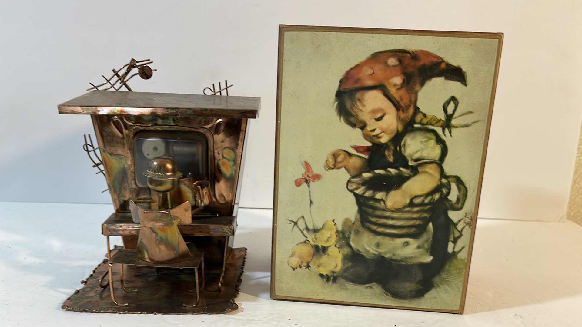 Photo 1 of VINTAGE BRASS COPPER PIANO PLAYER & 
HUMMEL STYLE WOODEN JEWELRY BOX 
BOTH ARE MUSIC BOXES