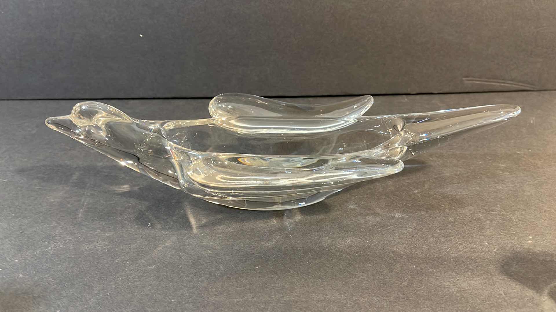 Photo 1 of VANNES of France Glass Vintage Crystal Swirl Bowl Hand Made Large Bird Art Deco Style Made in Western France Length 14”