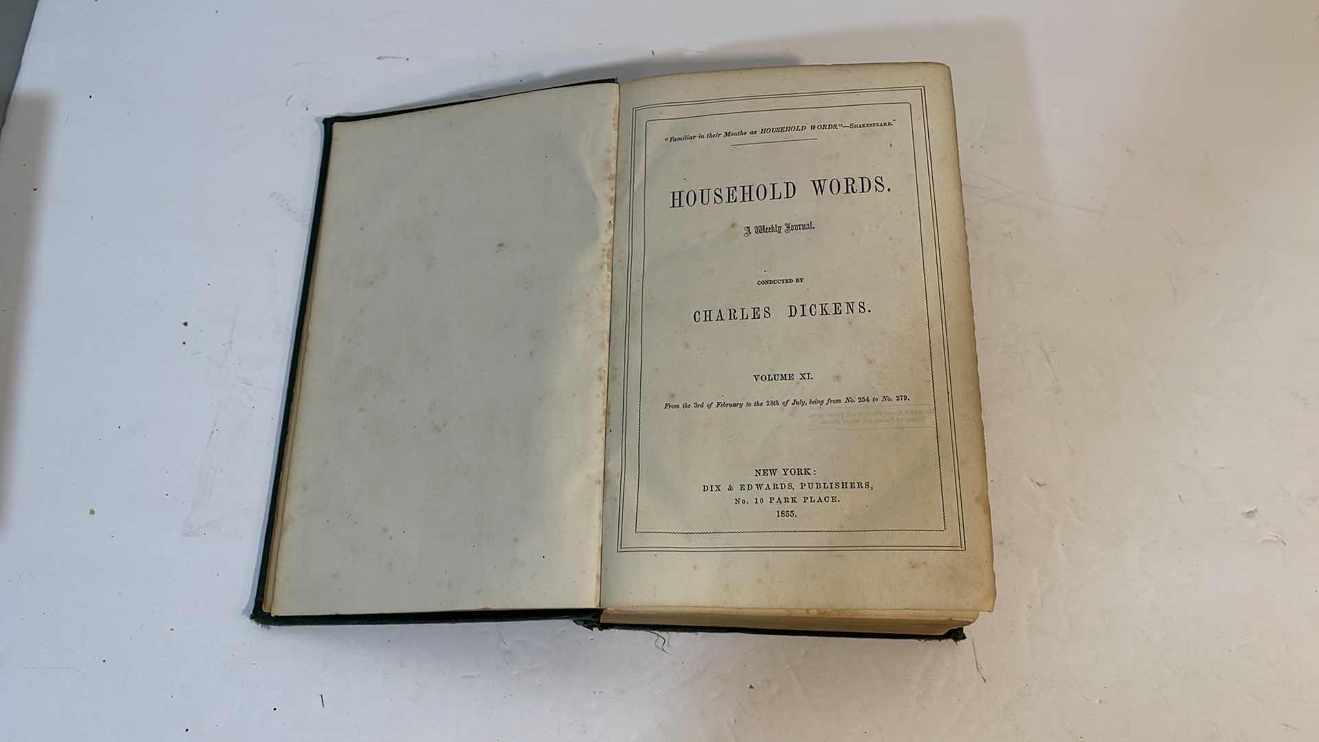 Photo 2 of 1855 ANTIQUE HOUSEHOLD WORDS A WEEKLY JOURNAL CONDUCT BY CHARLES DICKENS VOLUME XI 