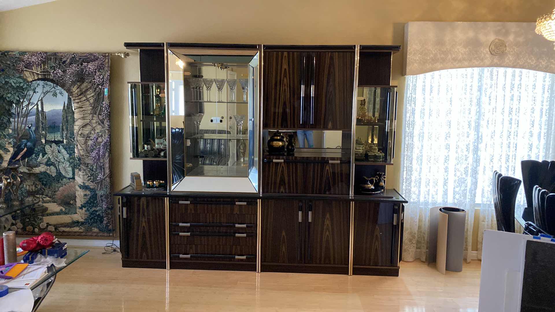 Photo 10 of ITALIAN MADE ART DECO 8 PIECE WOOD AND MIRROR DISPLAY CABINET WITH LACQUER FINISH AND GOLD TRIM 108” X 20” H85”