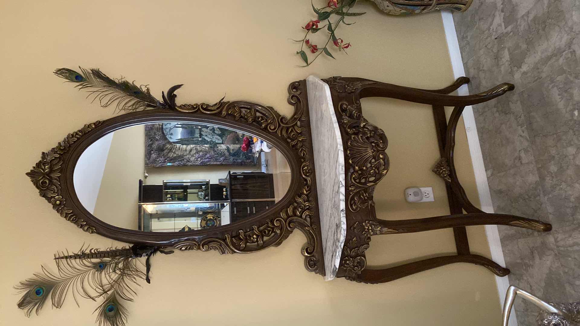 Photo 2 of ORNATE HALL TABLE WITH MIRROR 36”X 15” H34” MIRROR 35” X H45”