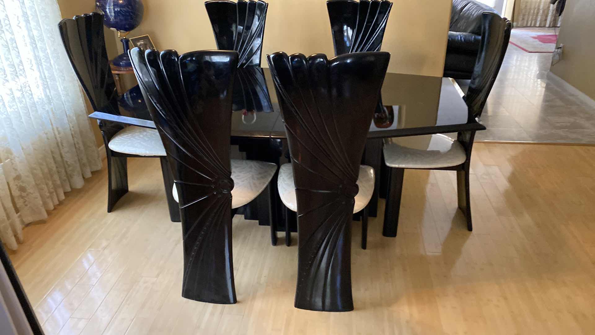 Photo 1 of ITALIAN ART DECO BLACK LACQUER DINING TABLE WITH 6 CHAIRS 72” X 42” H29” PLUS EXTENSION 17.5”