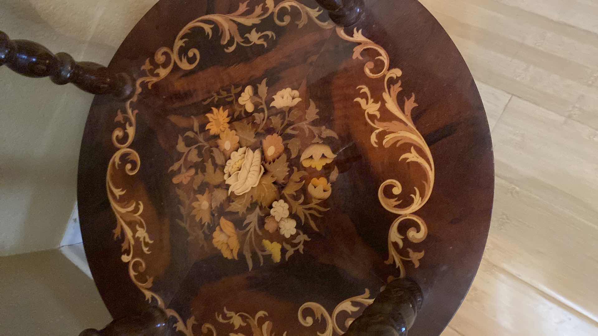 Photo 3 of ANTIQUE INLAID ITALIAN MARQUETRY TABLE 18.5” X H27”