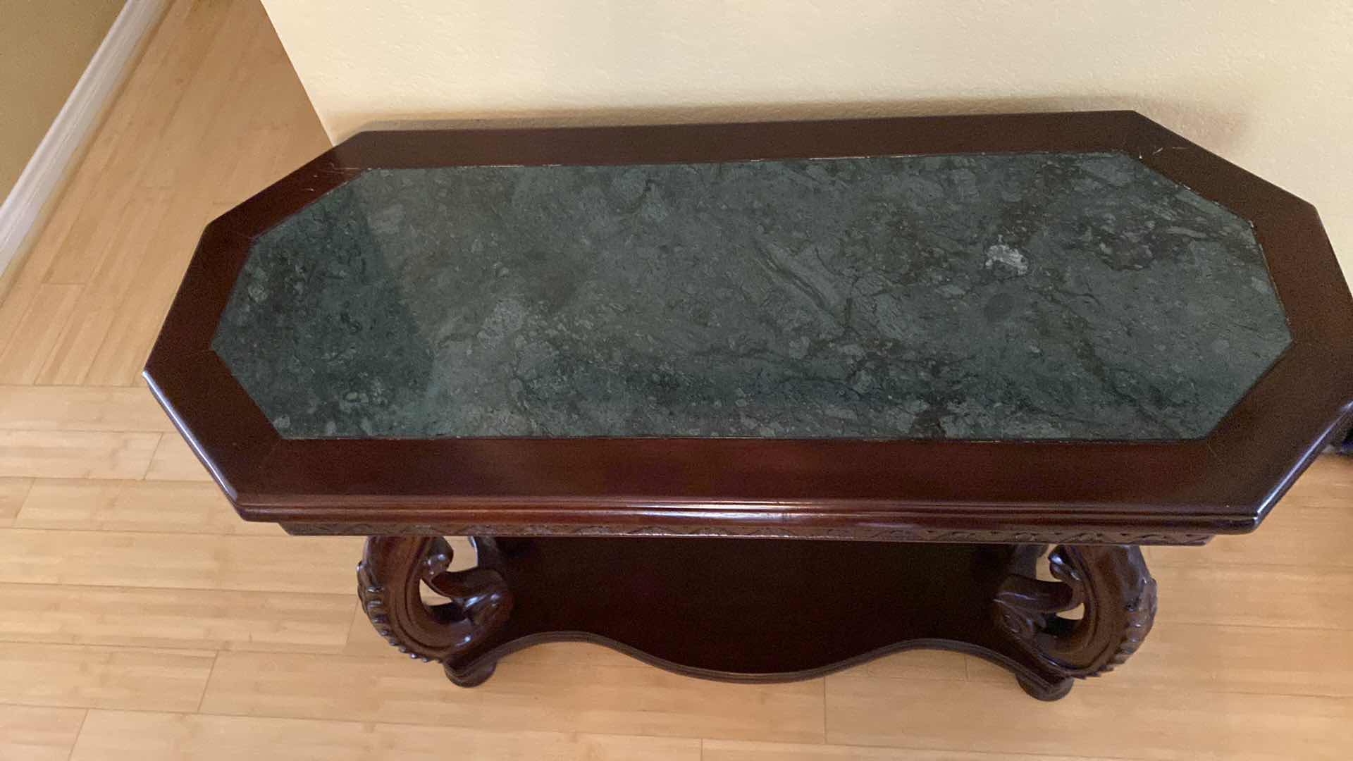 Photo 2 of WOOD AND MARBLE HALL TABLE 41” X 17” H29.5”