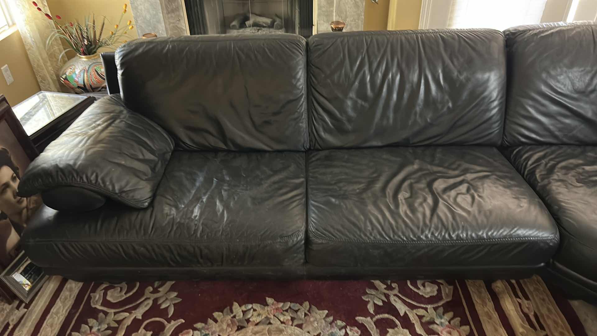 Photo 5 of BLACK LEATHER 3 PIECE SOFA SECTIONAL 2 PIECES 73”
x 39” H32”, CORNER 37” WIDE ( SEE NOTES)