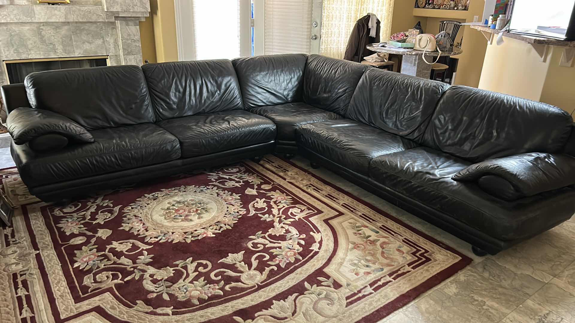 Photo 1 of BLACK LEATHER 3 PIECE SOFA SECTIONAL 2 PIECES 73”
x 39” H32”, CORNER 37” WIDE ( SEE NOTES)