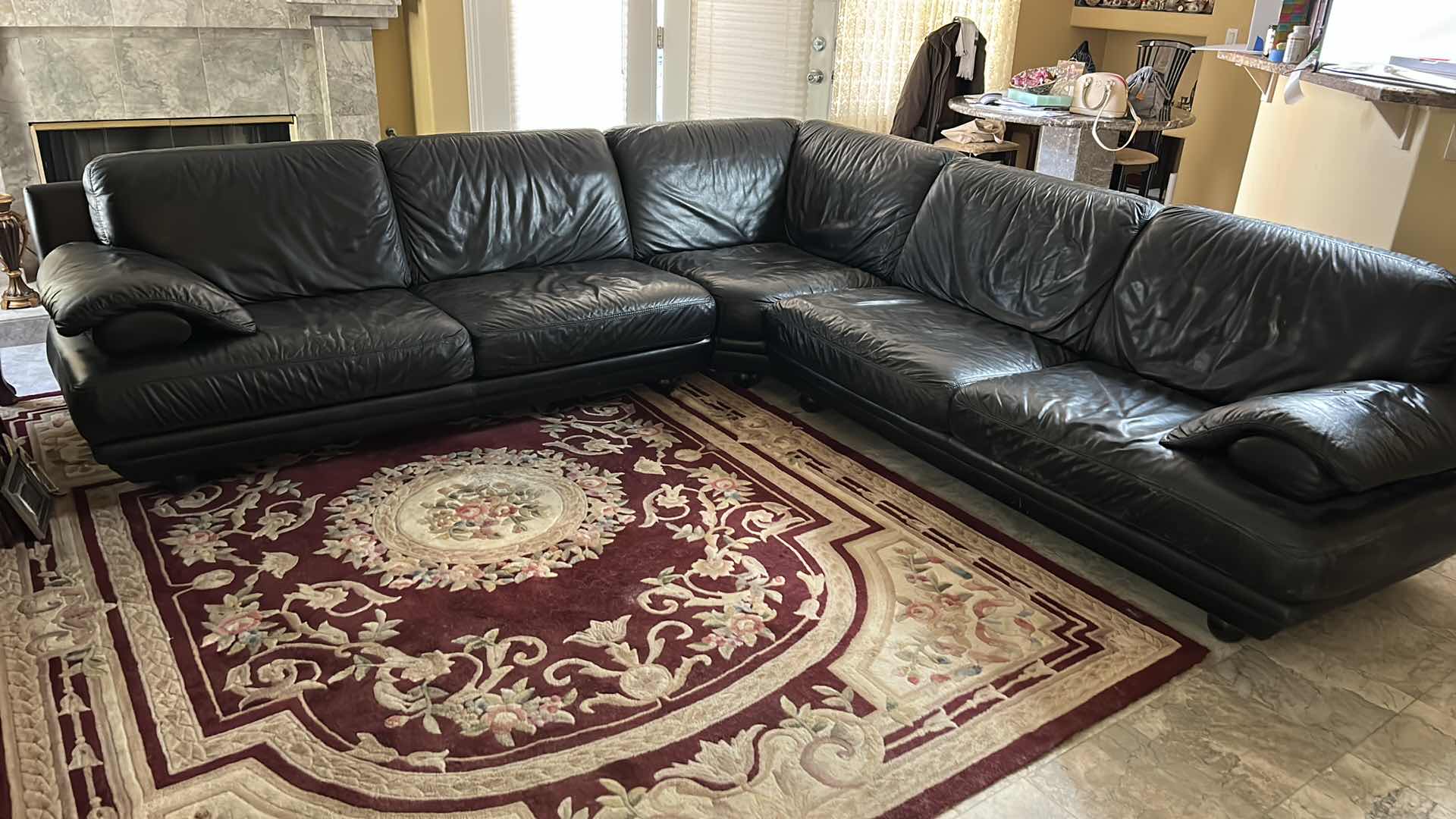 Photo 2 of BLACK LEATHER 3 PIECE SOFA SECTIONAL 2 PIECES 73”
x 39” H32”, CORNER 37” WIDE ( SEE NOTES)