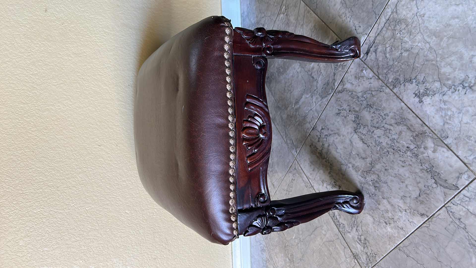 Photo 3 of CARVED WOOD STOOL W FAUX LEATHER UPHOLSTERED TOP