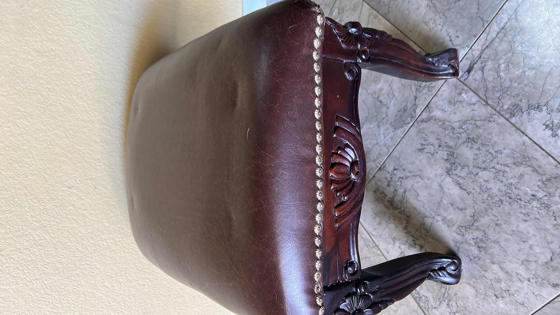 Photo 4 of CARVED WOOD STOOL W FAUX LEATHER UPHOLSTERED TOP