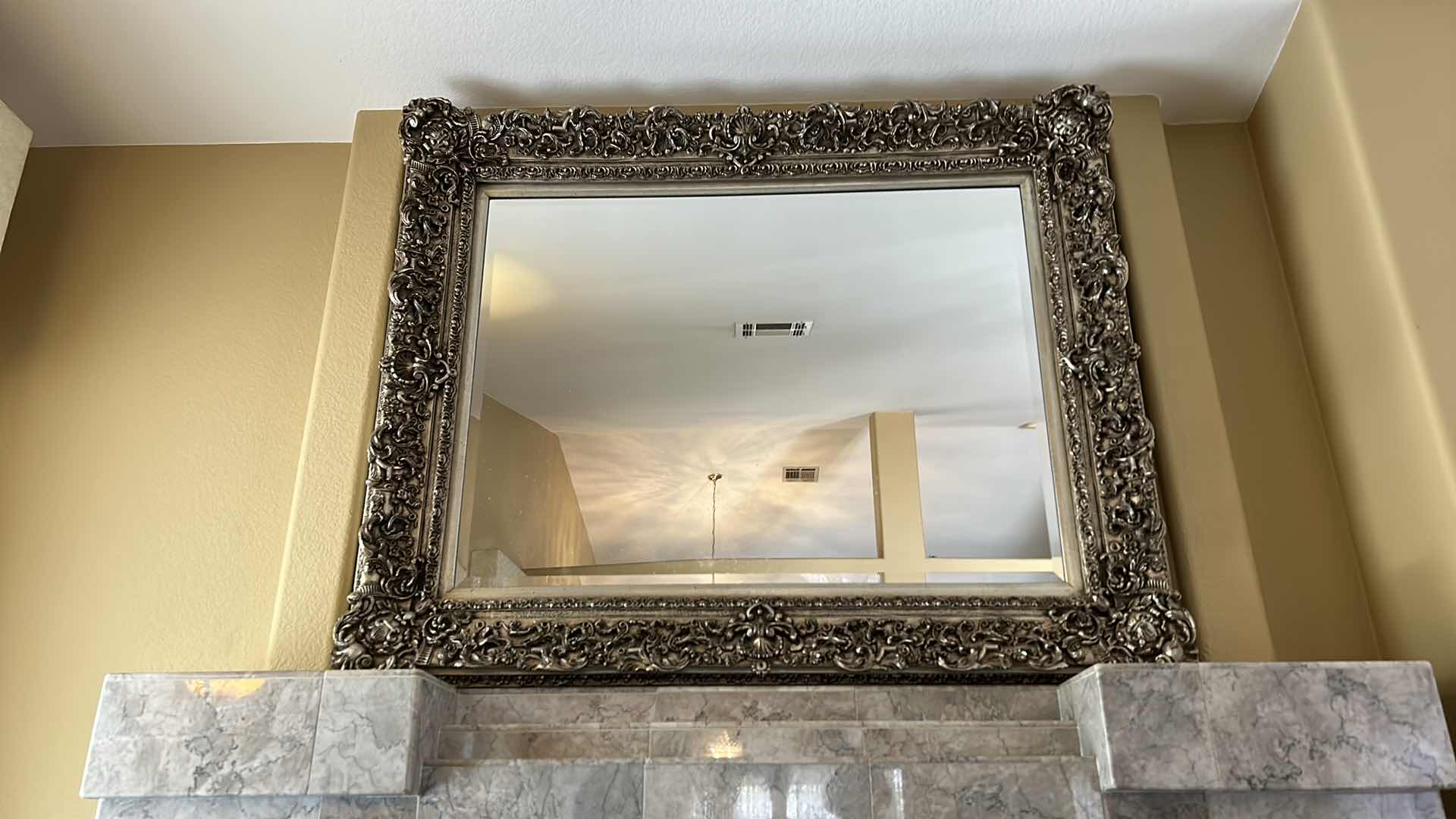 Photo 9 of ORNATE SILVER GOLD GILDED FRAMED BEVELED MIRROR 52” x 43