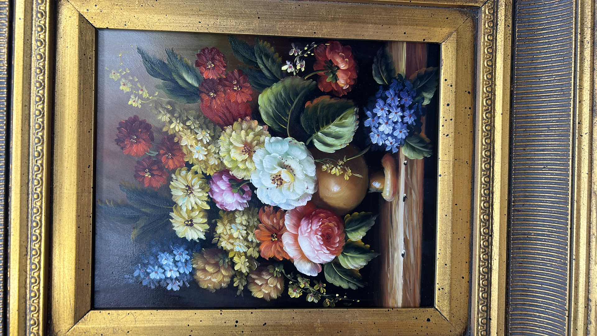 Photo 2 of ORNATE GOLD FRAMED ART WORK FLOWERS 16” x 18.5”