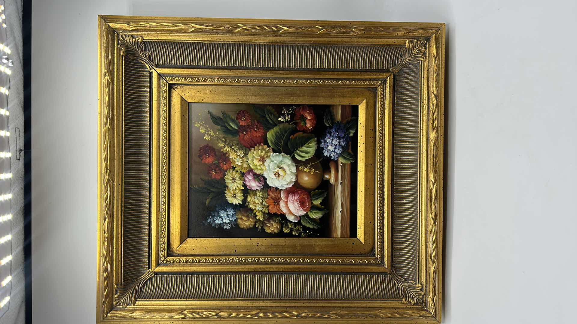 Photo 6 of ORNATE GOLD FRAMED ART WORK FLOWERS 16” x 18.5”