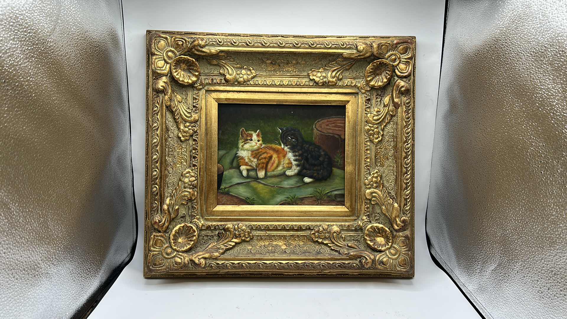 Photo 6 of ORNATE GOLD FRAMED ART WORK CATS SIGNED PAINTING 20” x 18”