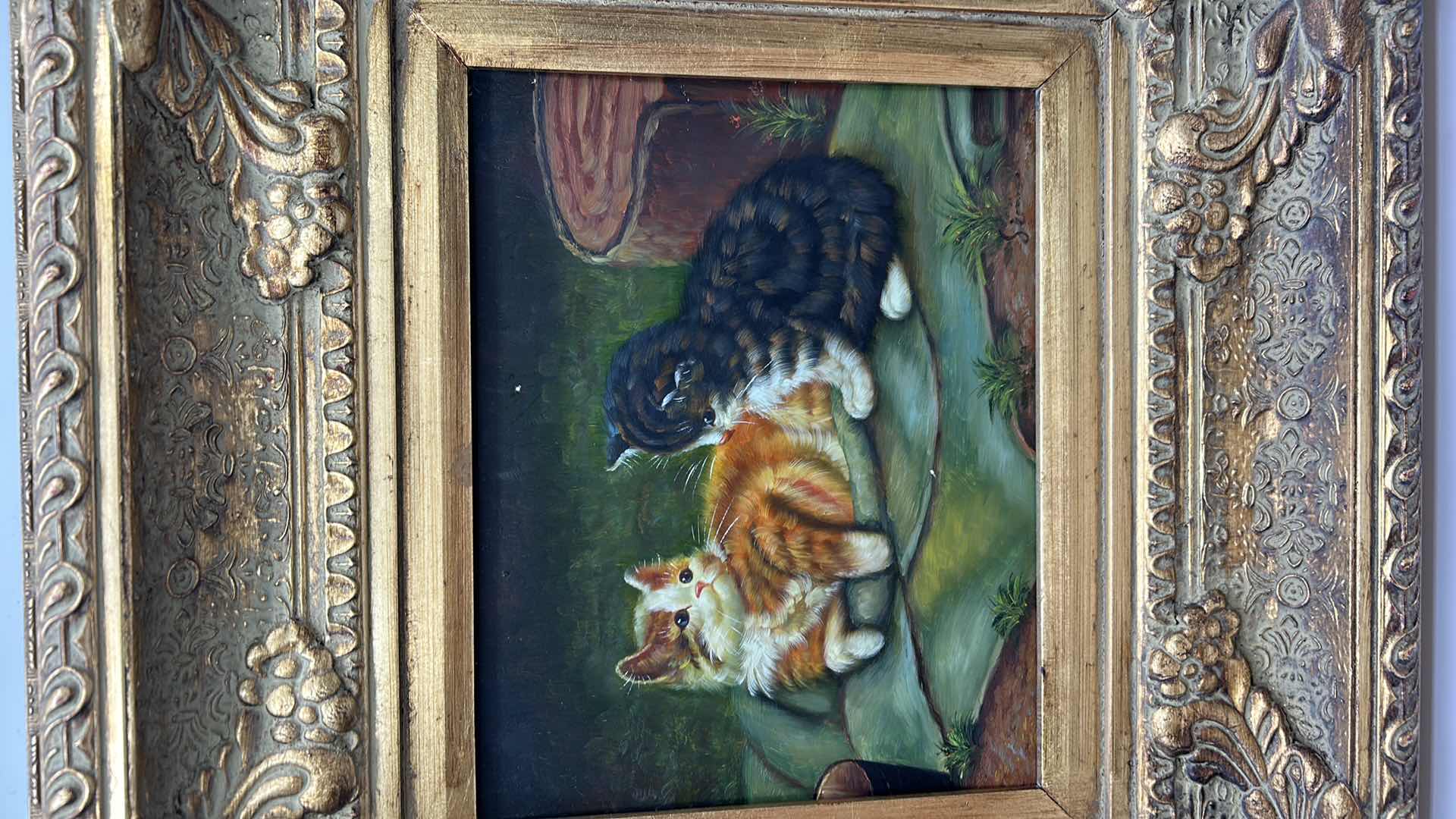 Photo 4 of ORNATE GOLD FRAMED ART WORK CATS SIGNED PAINTING 20” x 18”