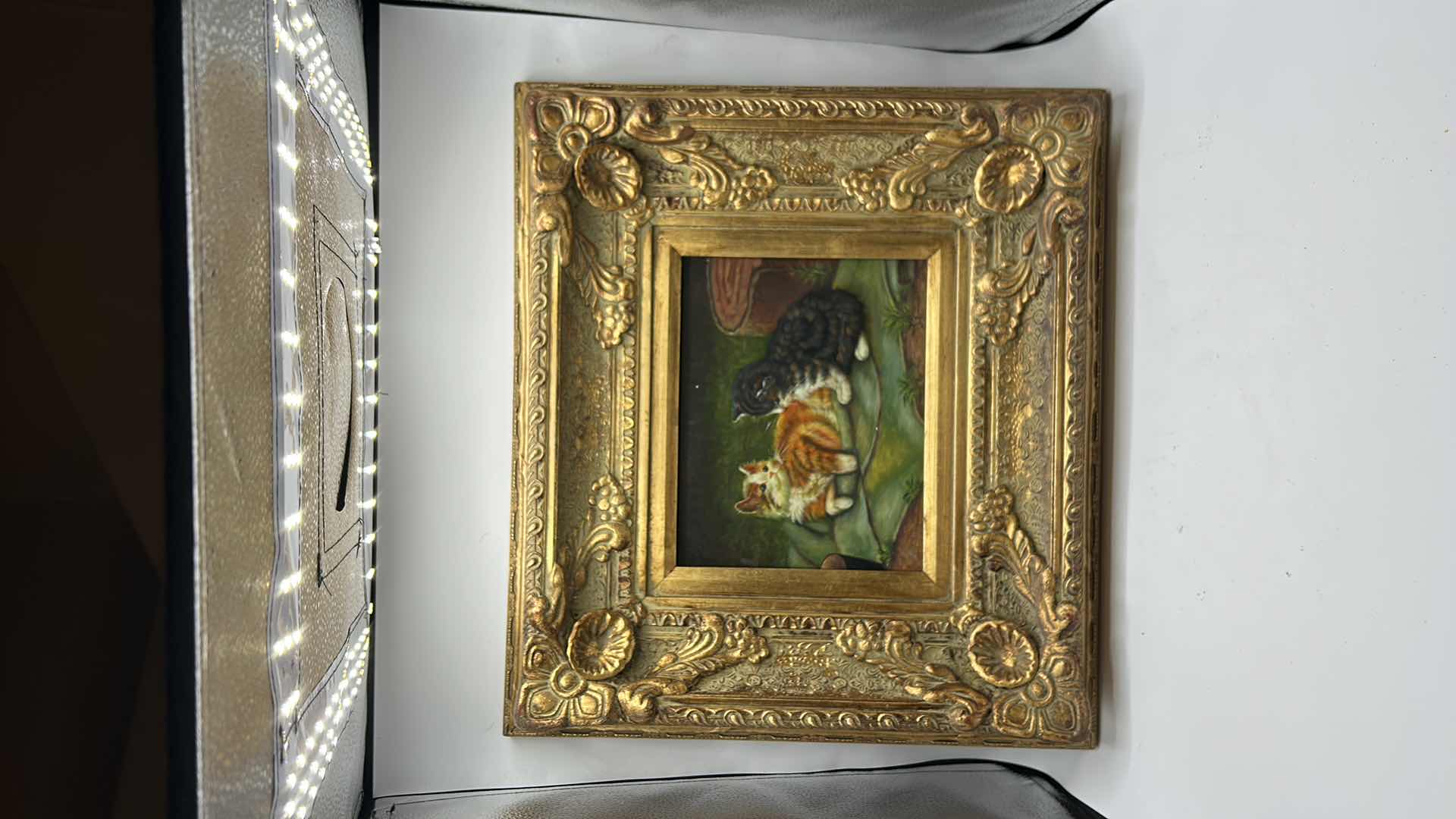 Photo 2 of ORNATE GOLD FRAMED ART WORK CATS SIGNED PAINTING 20” x 18”