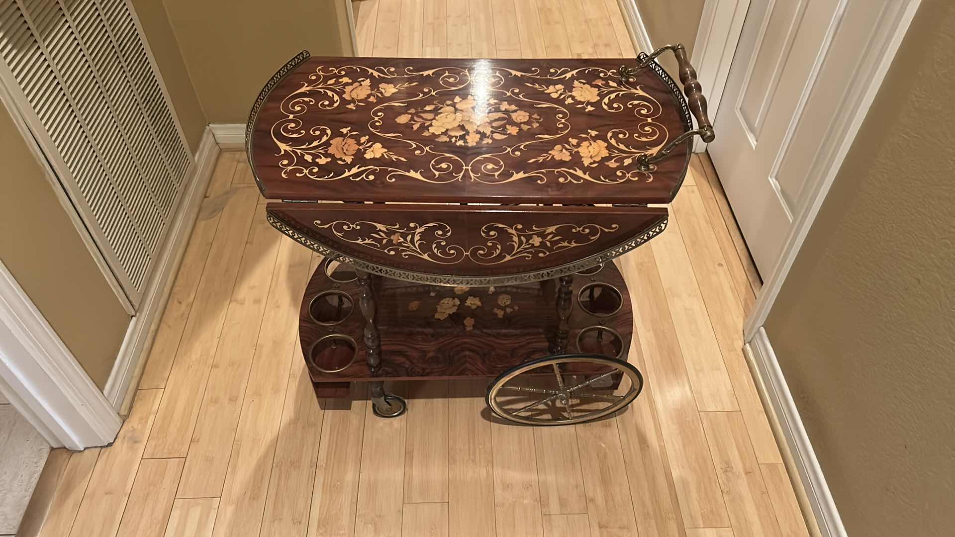 Photo 5 of VINTAGE ITALIAN SORRENTO WOOD DROP LEAF TABLE WITH INLAID COCKTAIL CART TABLE OPENED 30” ROUND CLOSED 30” x 17.5” x H27”
TABLETOP NEEDS GLUE)