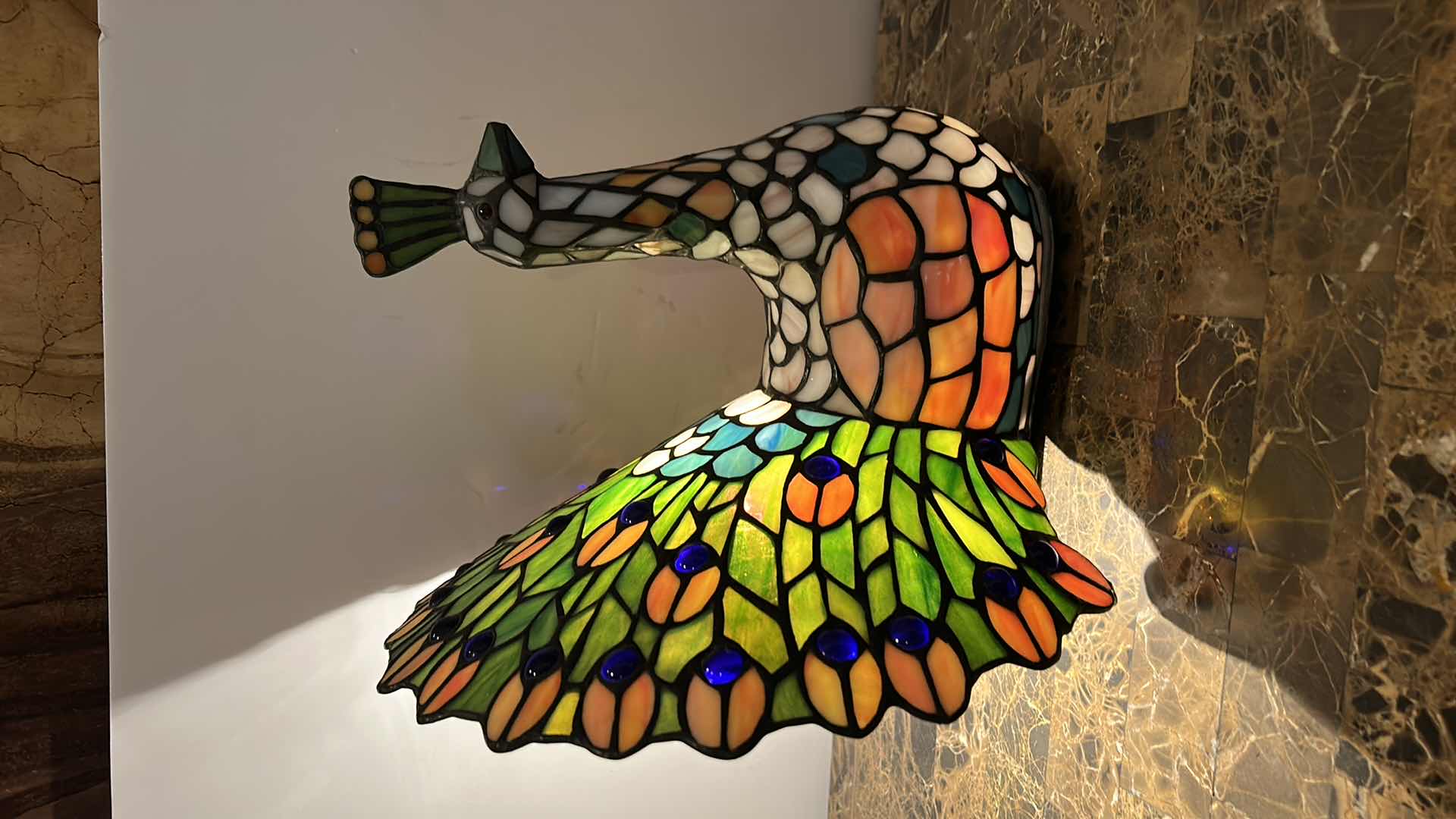 Photo 2 of STAINED GLASS PEACOCK LAMP 13” x H12”