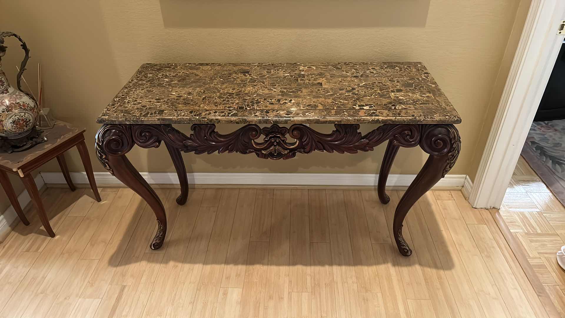 Photo 8 of WOOD CARVED MARBLE TOP ENTRY TABLE 50”x 22” x H30”