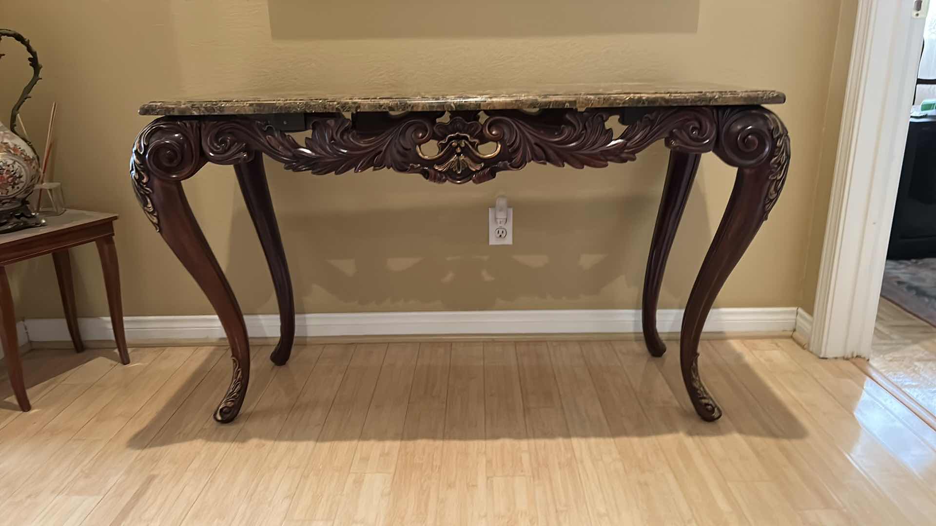 Photo 3 of WOOD CARVED MARBLE TOP ENTRY TABLE 50”x 22” x H30”