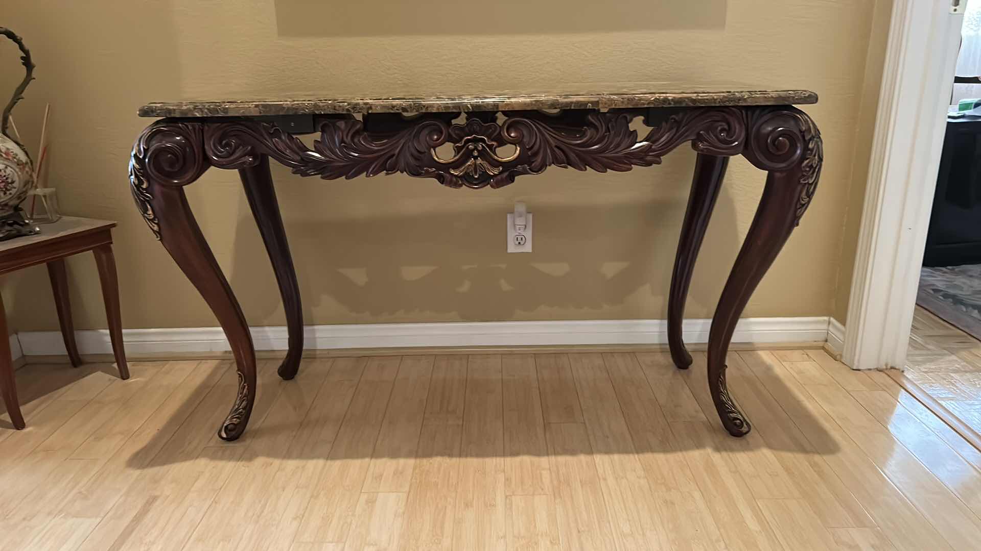 Photo 2 of WOOD CARVED MARBLE TOP ENTRY TABLE 50”x 22” x H30”